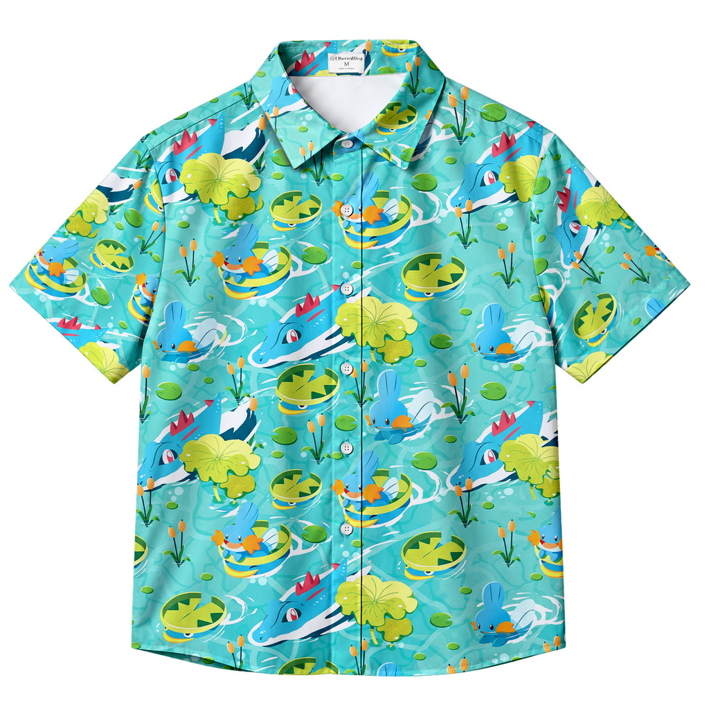 Men’s Pokémon Mudkip and Feraligatr Pond Pattern Short Sleeve Button-Up Shirt
