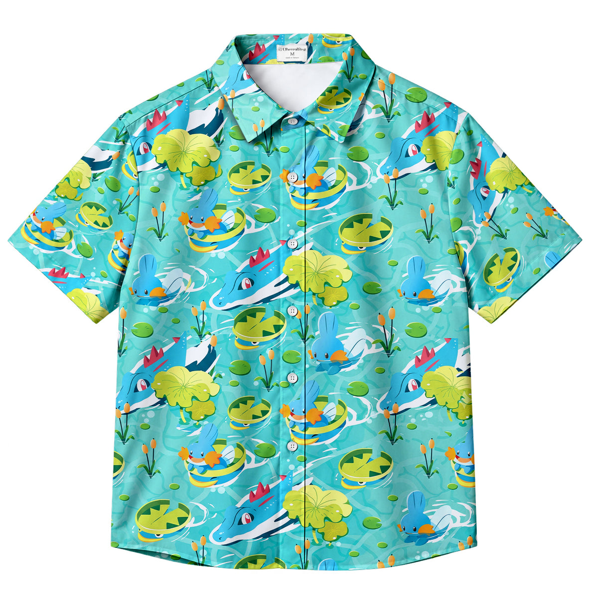 Men’s Pokémon Mudkip and Feraligatr Pond Pattern Short Sleeve Button-Up Shirt