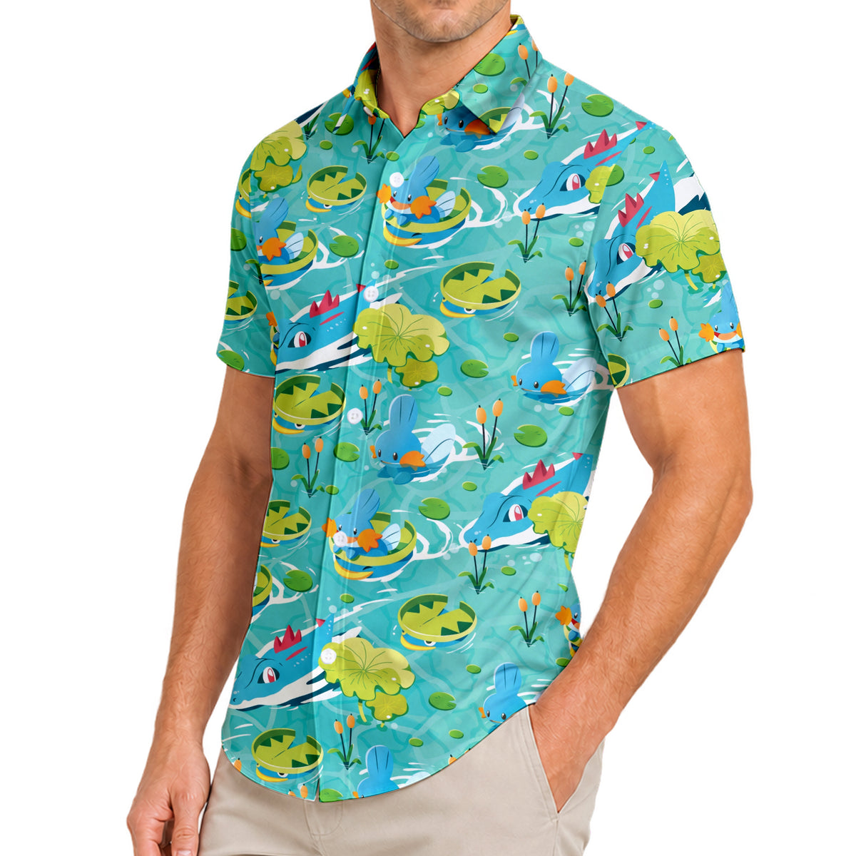 Men’s Pokémon Mudkip and Feraligatr Pond Pattern Short Sleeve Button-Up Shirt