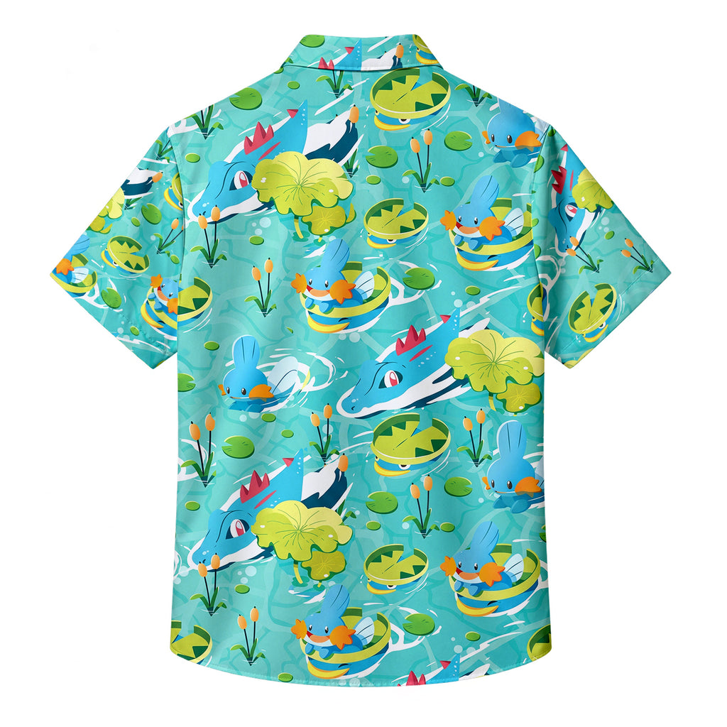 Men’s Pokémon Mudkip and Feraligatr Pond Pattern Short Sleeve Button-Up Shirt