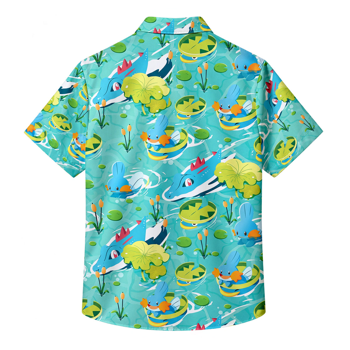 Men’s Pokémon Mudkip and Feraligatr Pond Pattern Short Sleeve Button-Up Shirt
