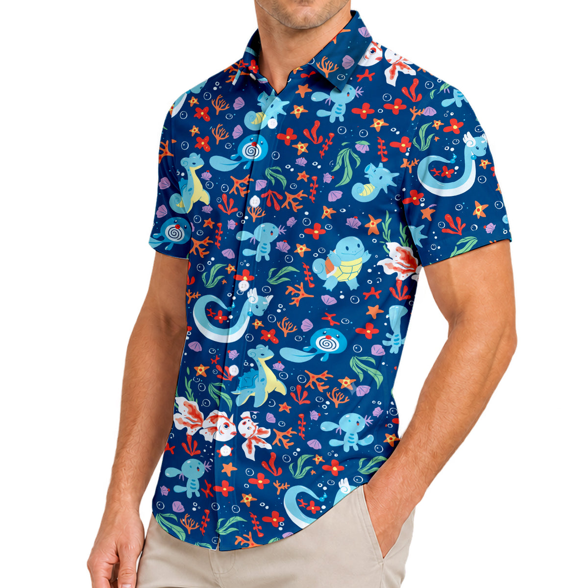 Men’s Pokémon Water-Type Characters Ocean Pattern Short Sleeve Button-Up Shirt