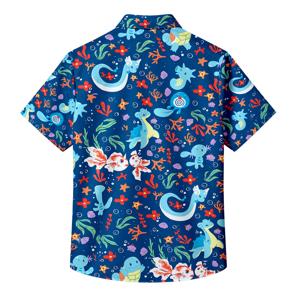 Men’s Pokémon Water-Type Characters Ocean Pattern Short Sleeve Button-Up Shirt