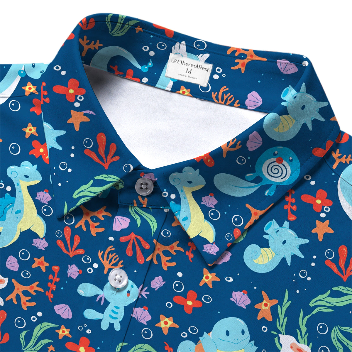 Men’s Pokémon Water-Type Characters Ocean Pattern Short Sleeve Button-Up Shirt
