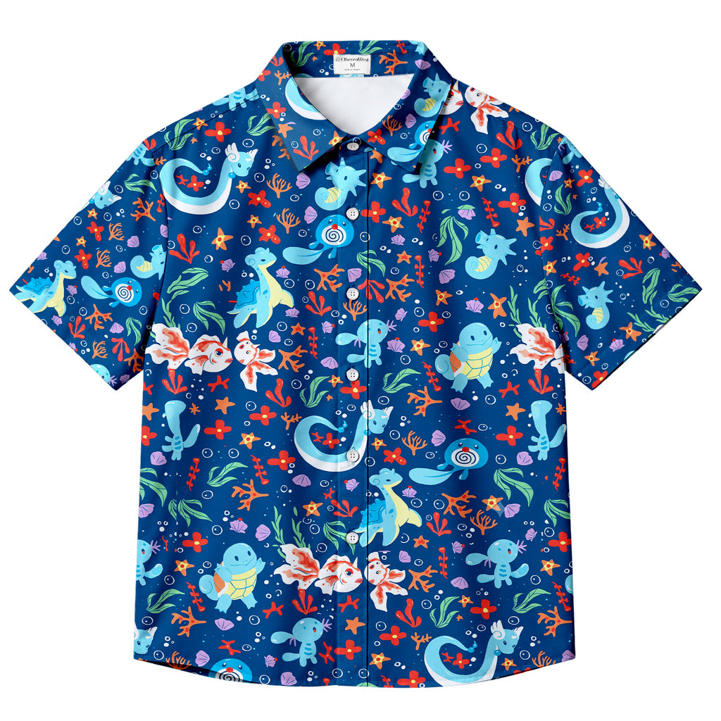Men’s Pokémon Water-Type Characters Ocean Pattern Short Sleeve Button-Up Shirt