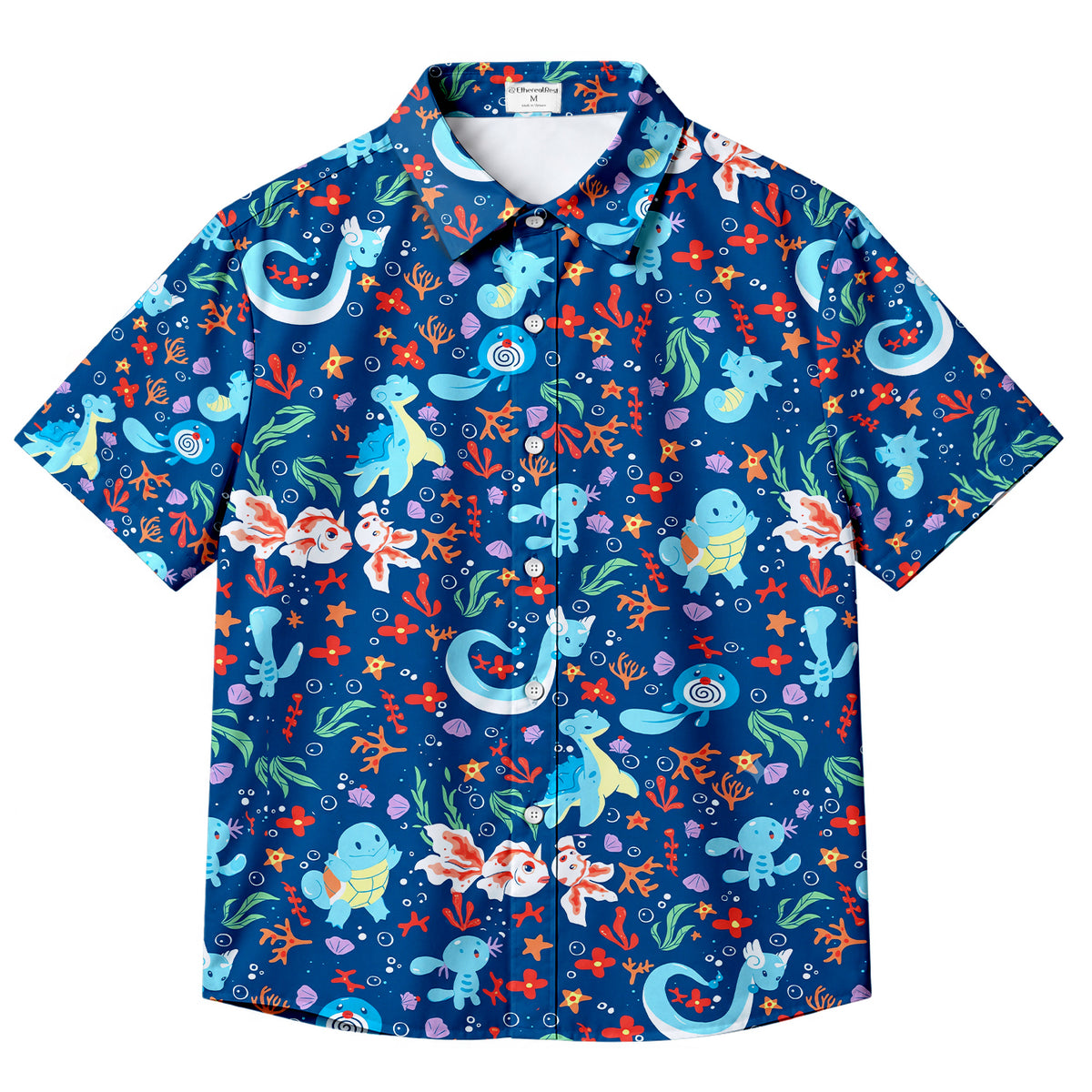 Men’s Pokémon Water-Type Characters Ocean Pattern Short Sleeve Button-Up Shirt