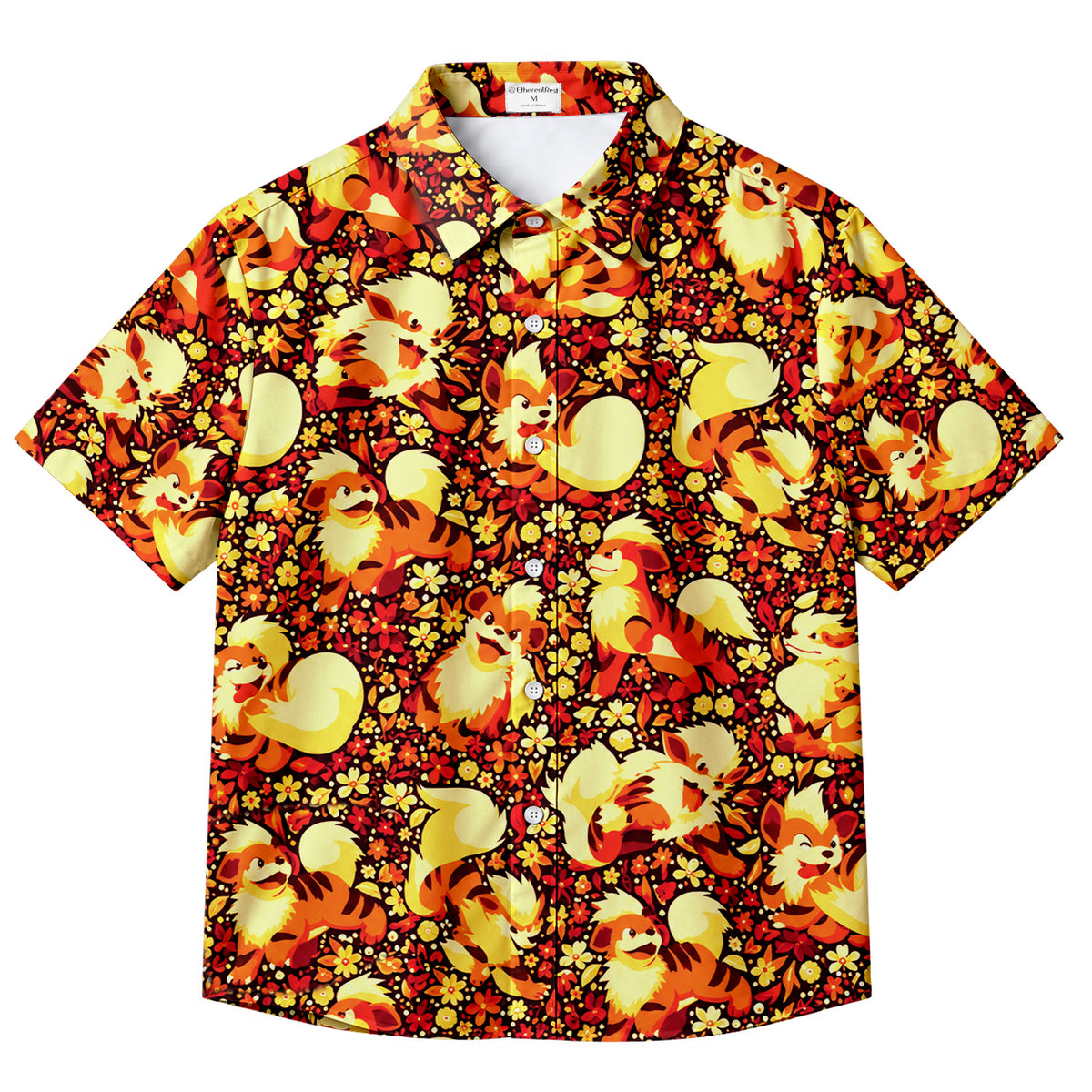 Men’s Pokémon Growlithe and Arcanine Floral Short Sleeve Button-Up Shirt