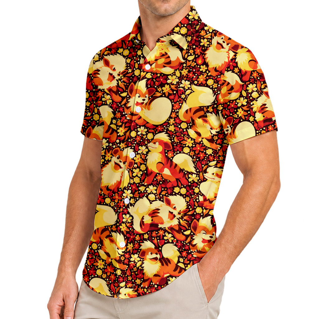Men’s Pokémon Growlithe and Arcanine Floral Short Sleeve Button-Up Shirt