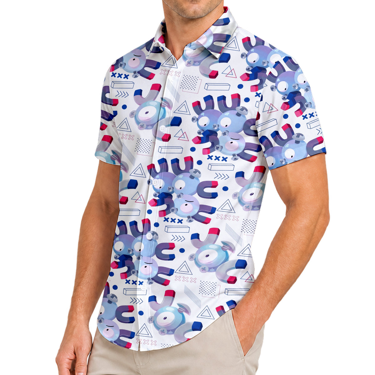 Men’s Pokémon Magnemite Magnet Pattern Short Sleeve Button-Up Shirt