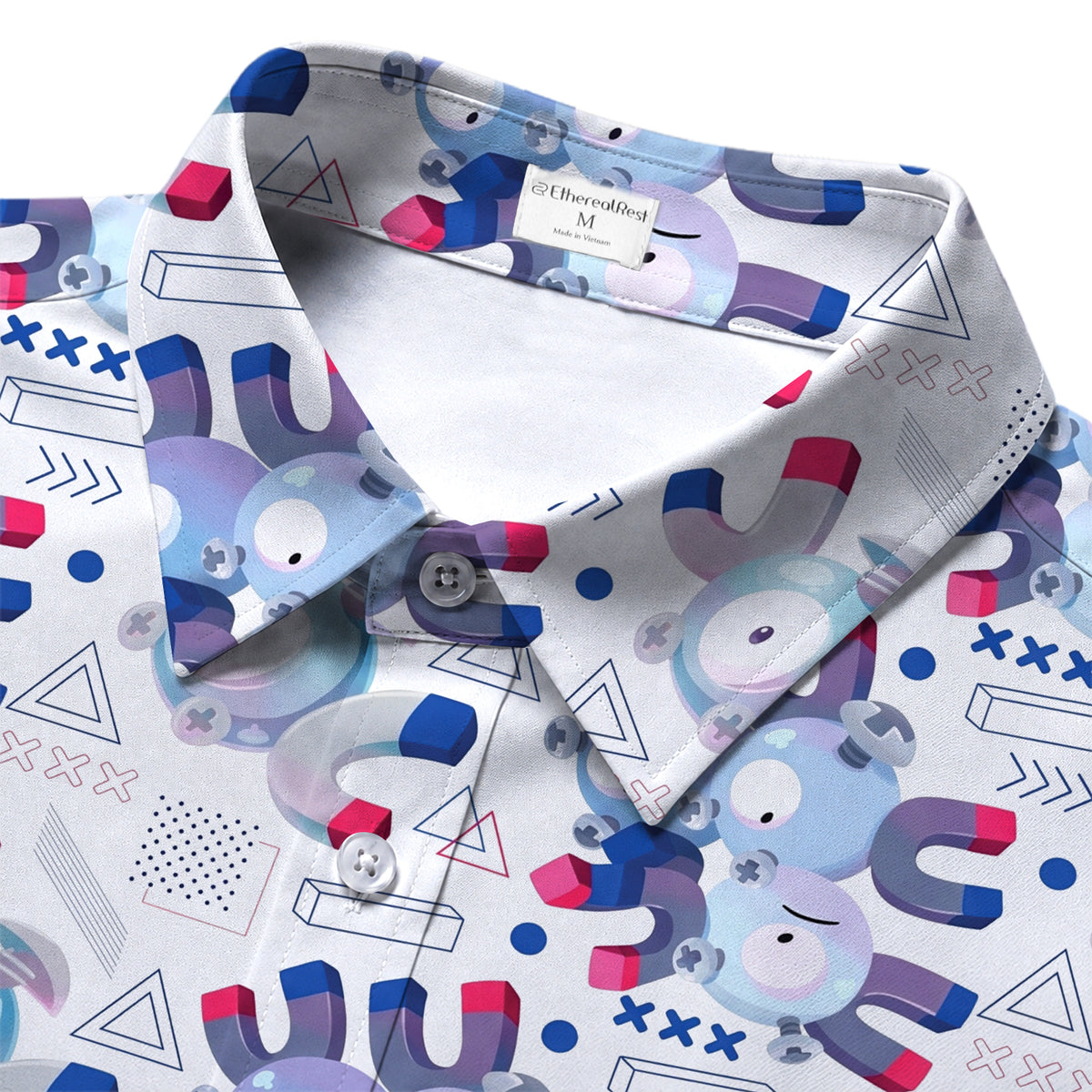 Men’s Pokémon Magnemite Magnet Pattern Short Sleeve Button-Up Shirt