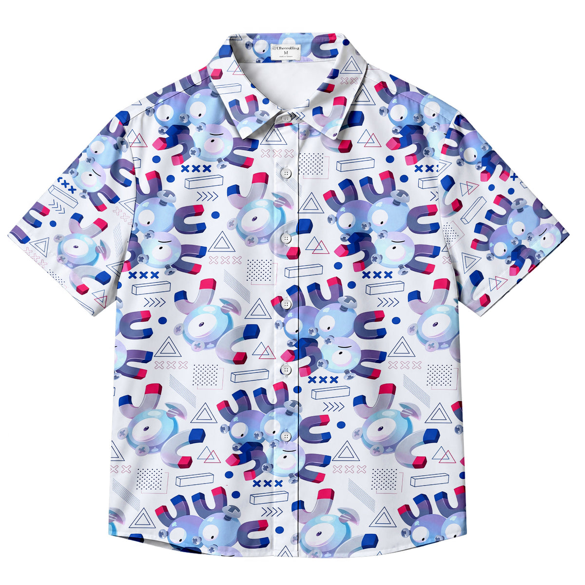 Men’s Pokémon Magnemite Magnet Pattern Short Sleeve Button-Up Shirt