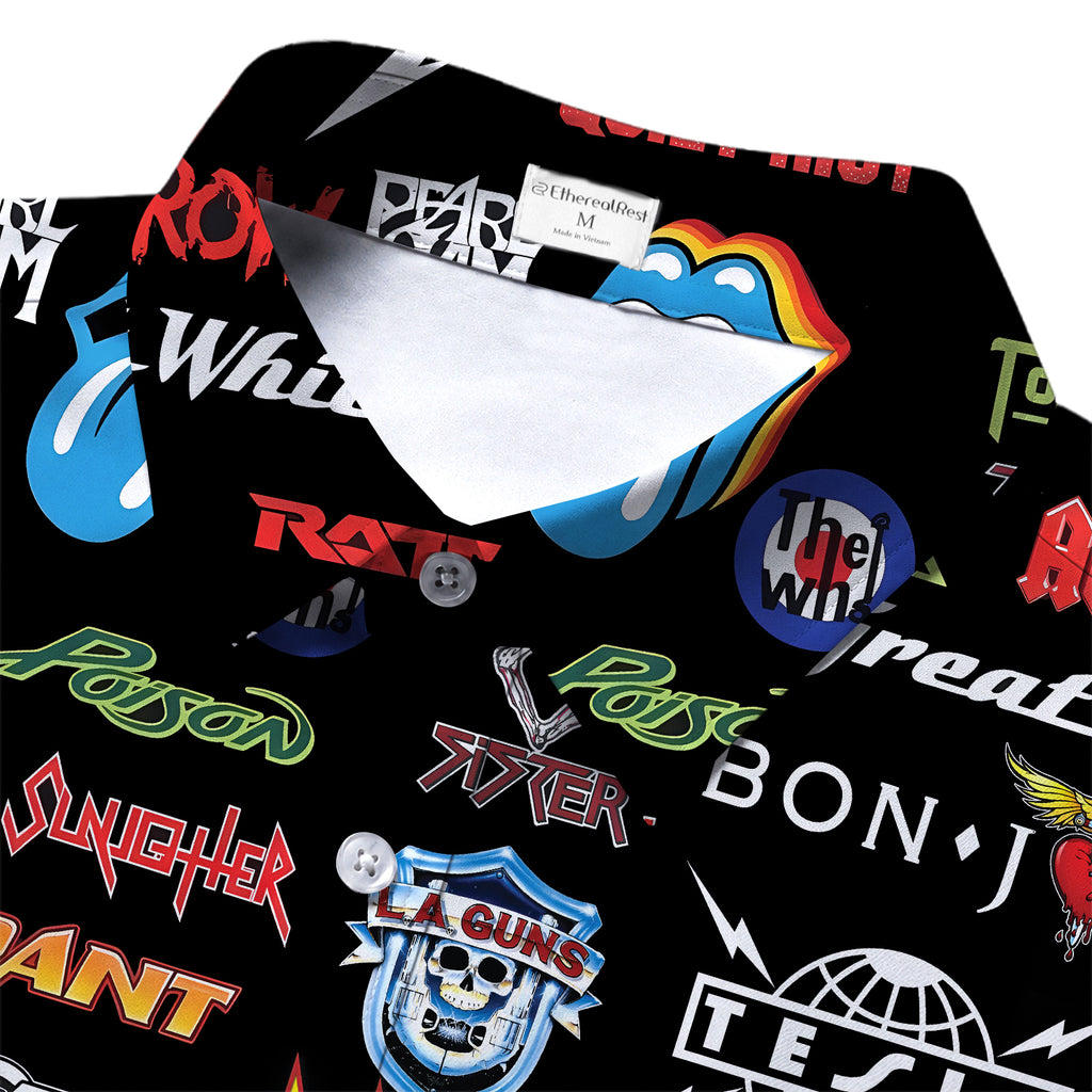 Men’s Black Classic Rock Band Logo Collage Short Sleeve Button-Up Shirt