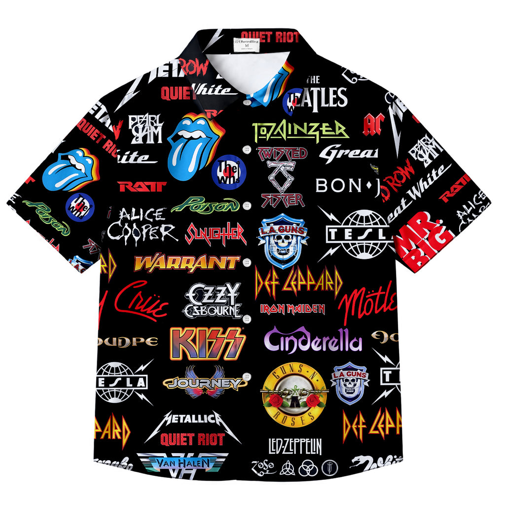 Men’s Black Classic Rock Band Logo Collage Short Sleeve Button-Up Shirt