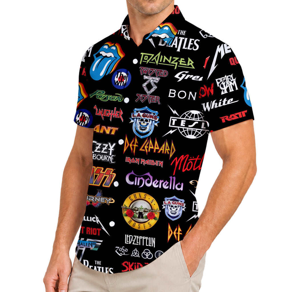 Men’s Black Classic Rock Band Logo Collage Short Sleeve Button-Up Shirt
