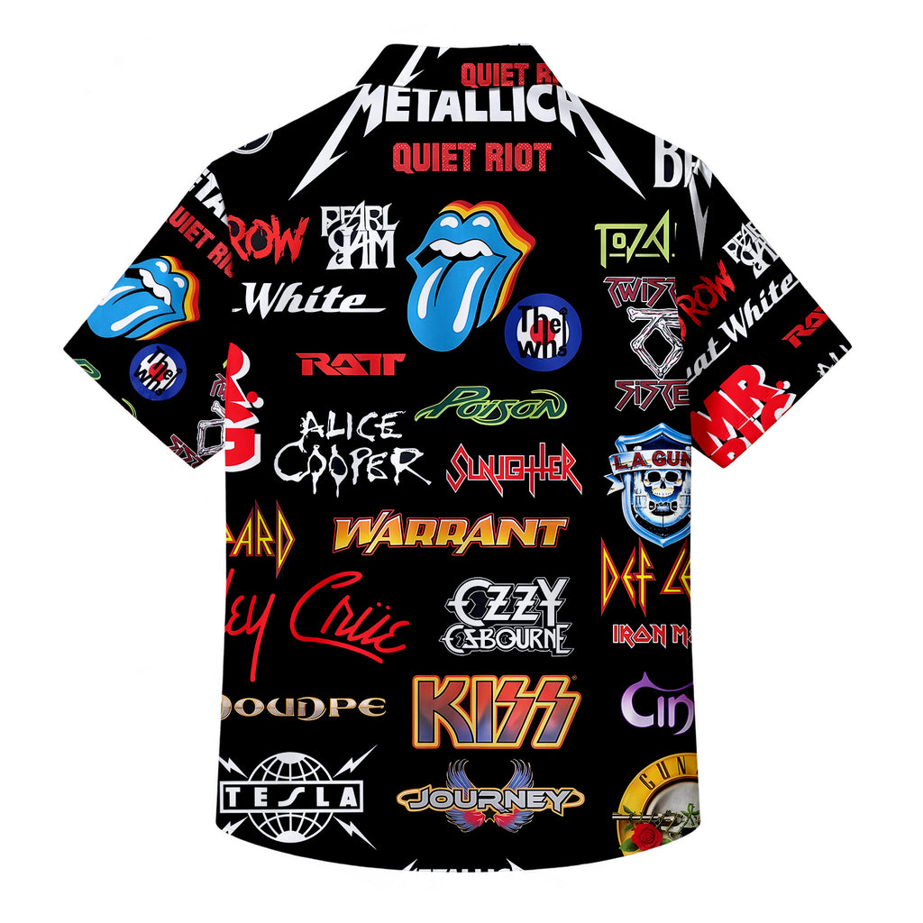 Men’s Black Classic Rock Band Logo Collage Short Sleeve Button-Up Shirt