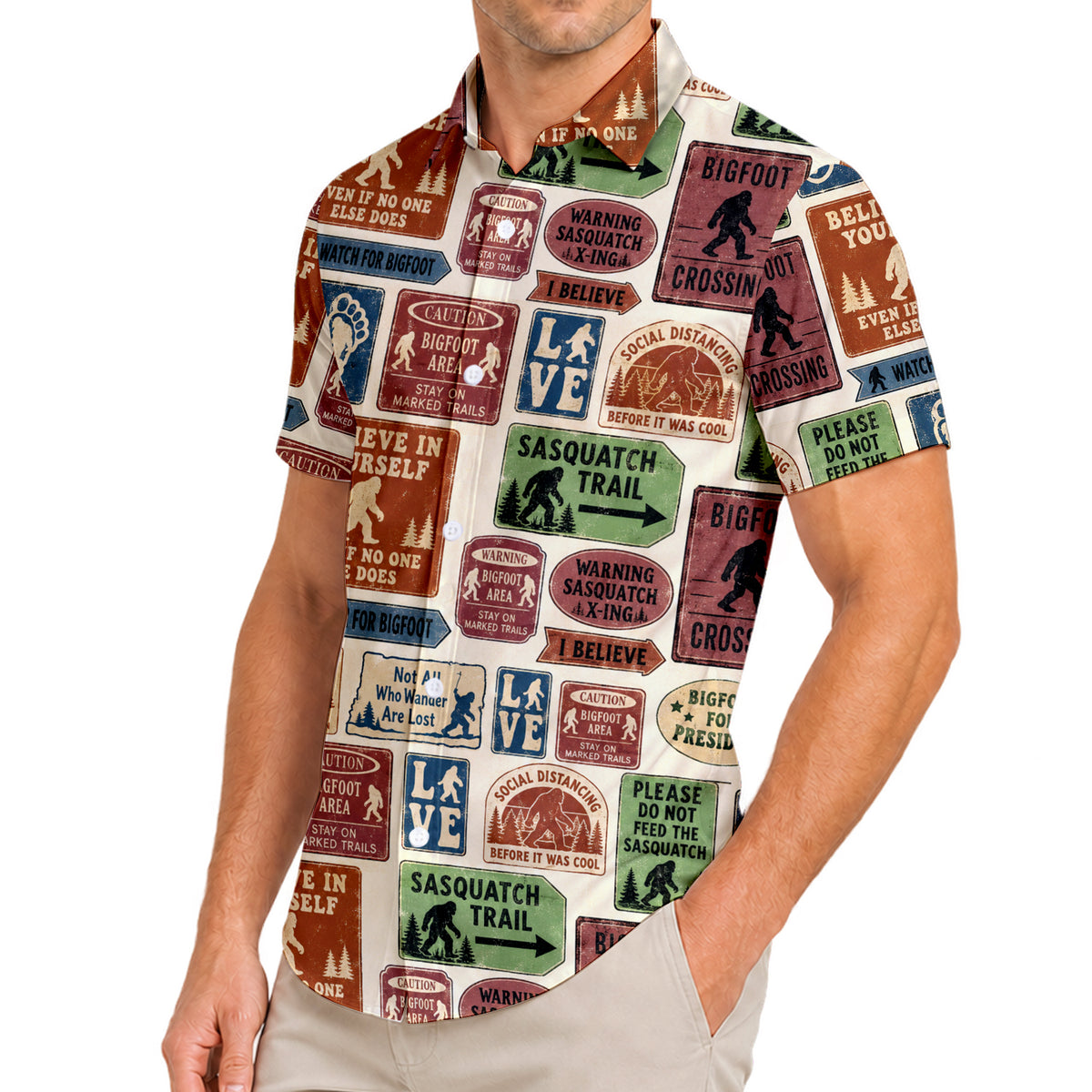 Men’s Vintage Bigfoot Signs Pattern Short Sleeve Button-Up Shirt