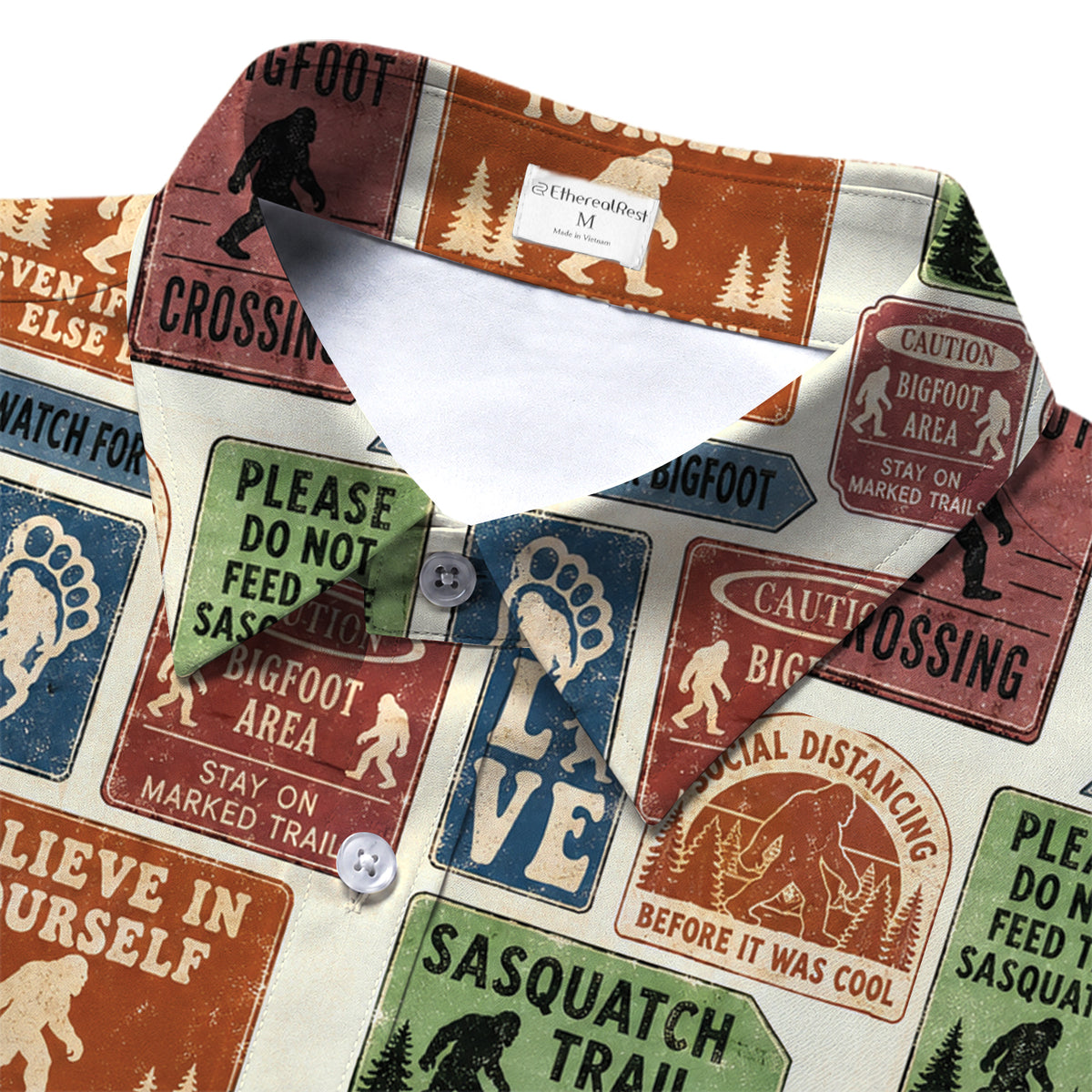 Men’s Vintage Bigfoot Signs Pattern Short Sleeve Button-Up Shirt