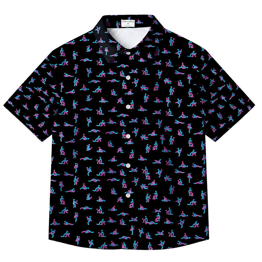 Men’s Black Kama Sutra Pattern Short Sleeve Button-Up Shirt