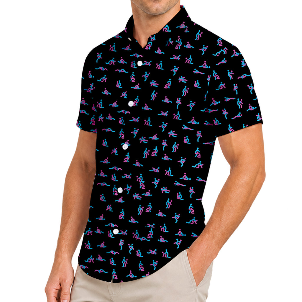 Men’s Black Kama Sutra Pattern Short Sleeve Button-Up Shirt