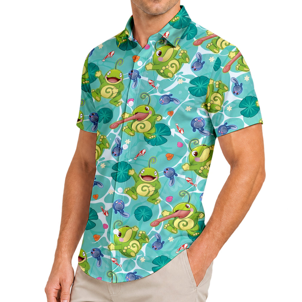 Men’s Pokémon Politoed and Poliwag Pattern Short Sleeve Button-Up Shirt