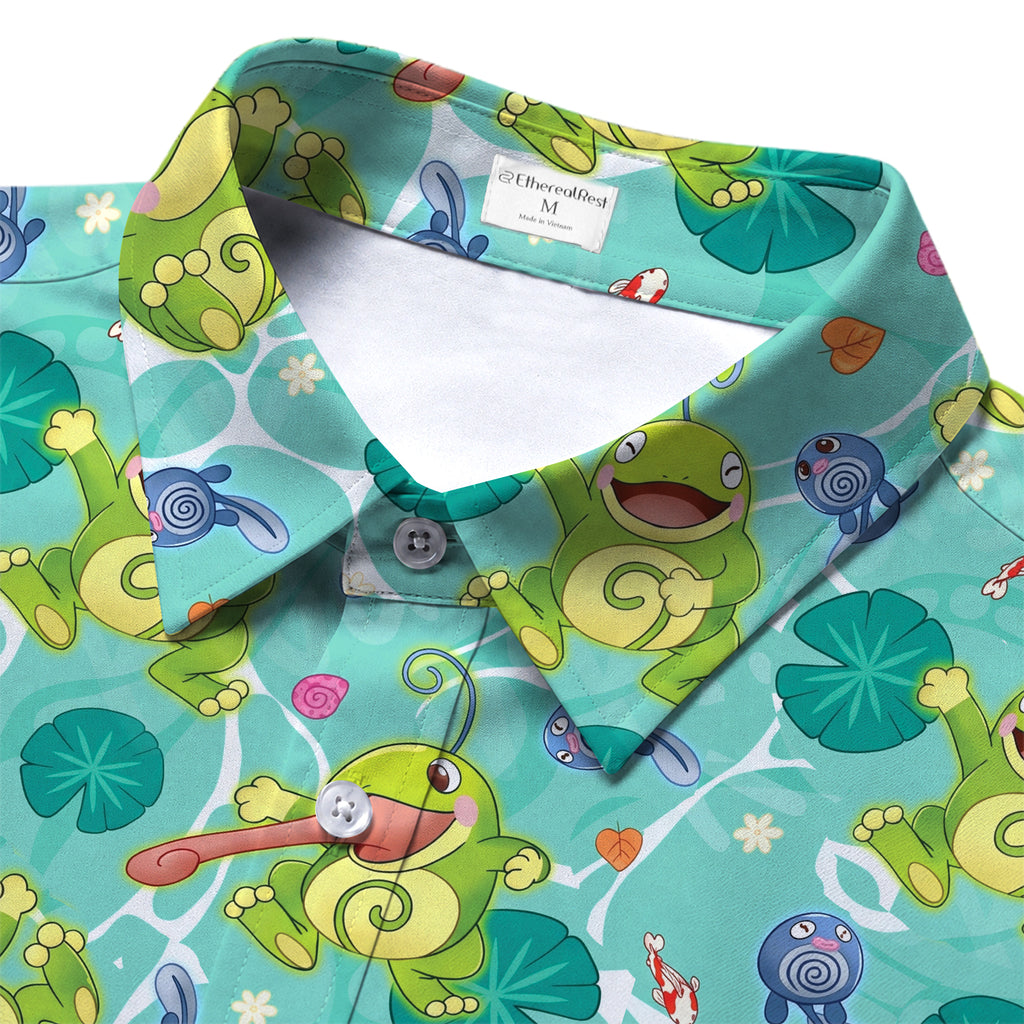 Men’s Pokémon Politoed and Poliwag Pattern Short Sleeve Button-Up Shirt