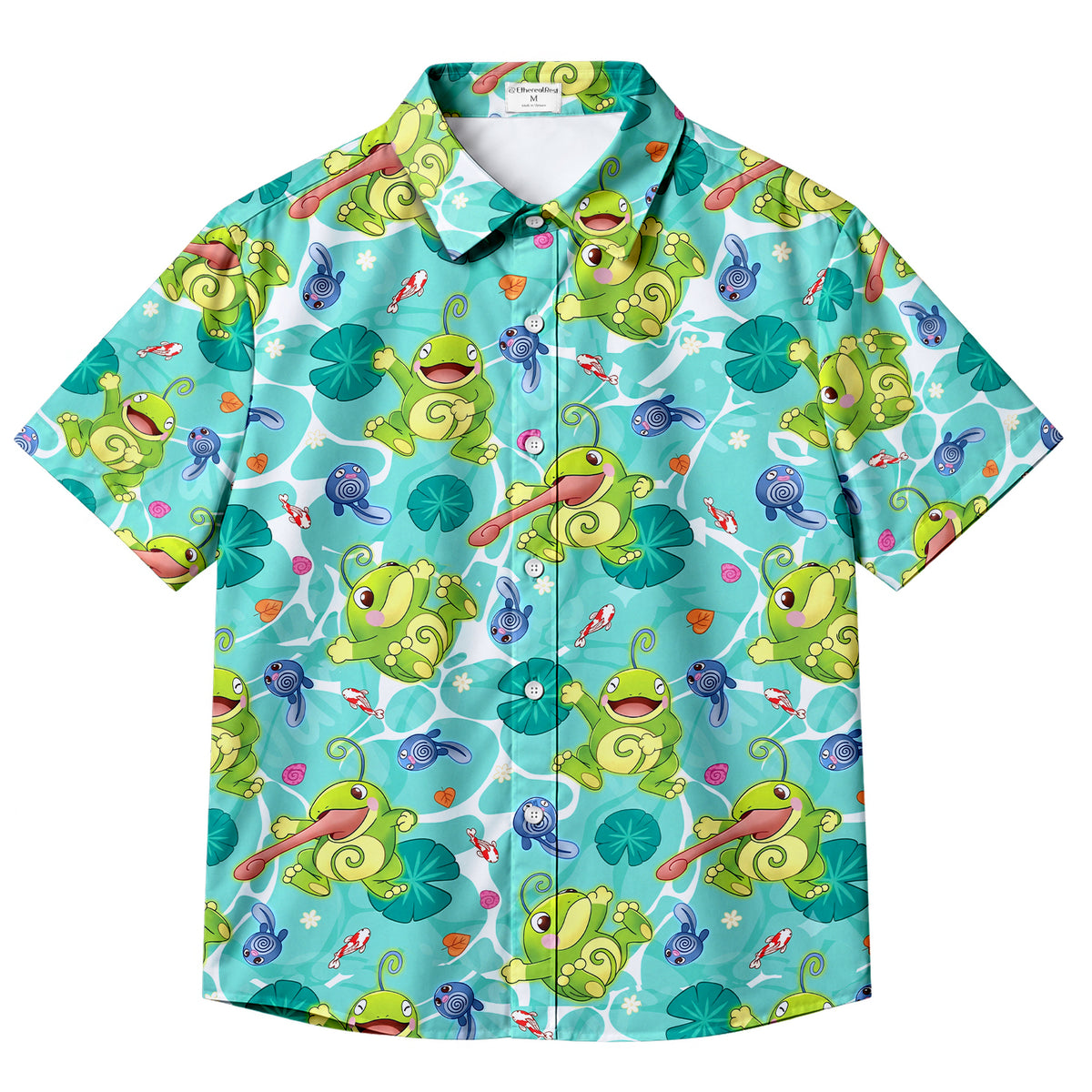 Men’s Pokémon Politoed and Poliwag Pattern Short Sleeve Button-Up Shirt