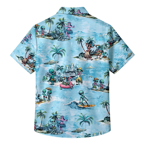 Men’s Blue Alien Tropical Beach Short Sleeve Button-Up Shirt