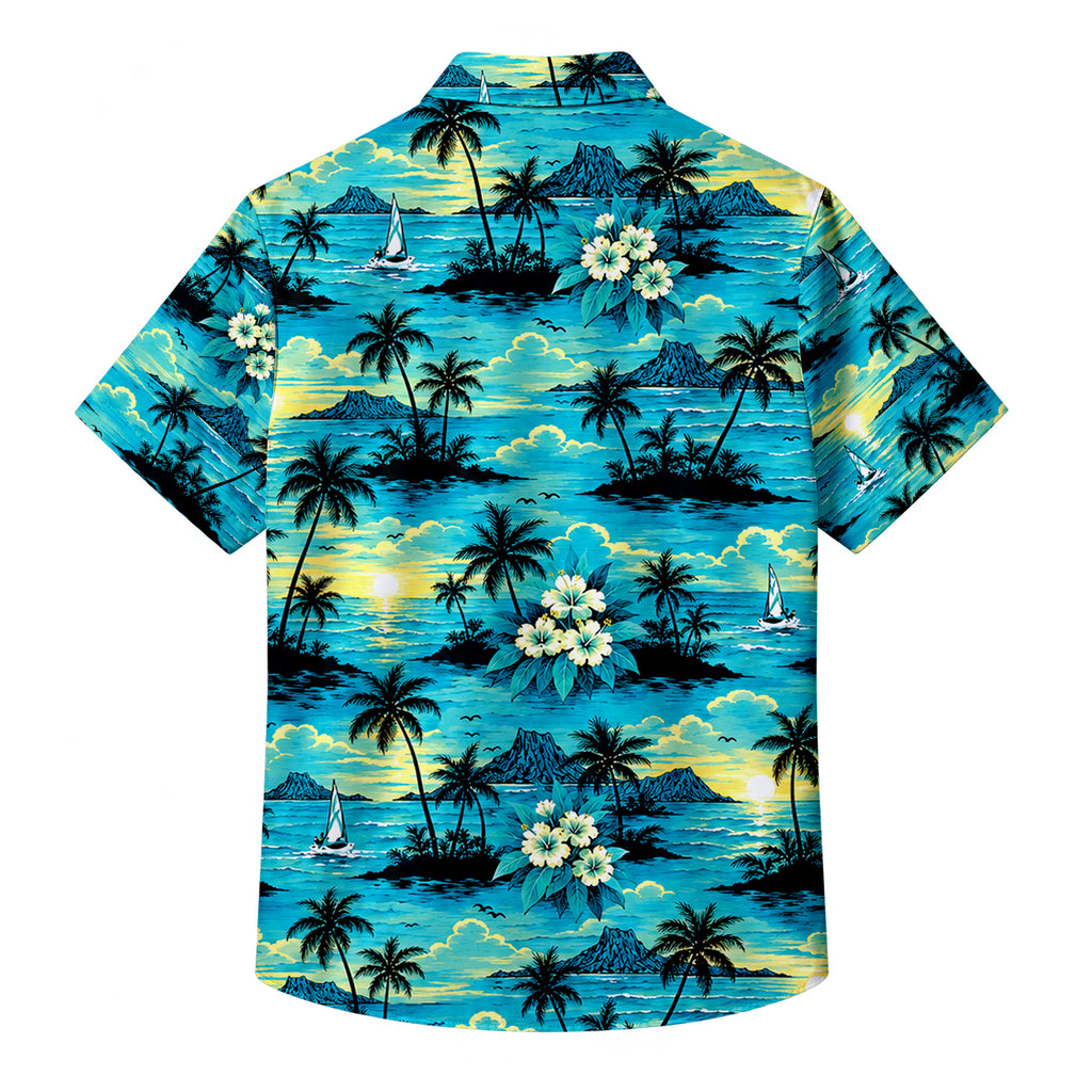 Men’s Blue Tropical Island Sunset Short Sleeve Button-Up Shirt
