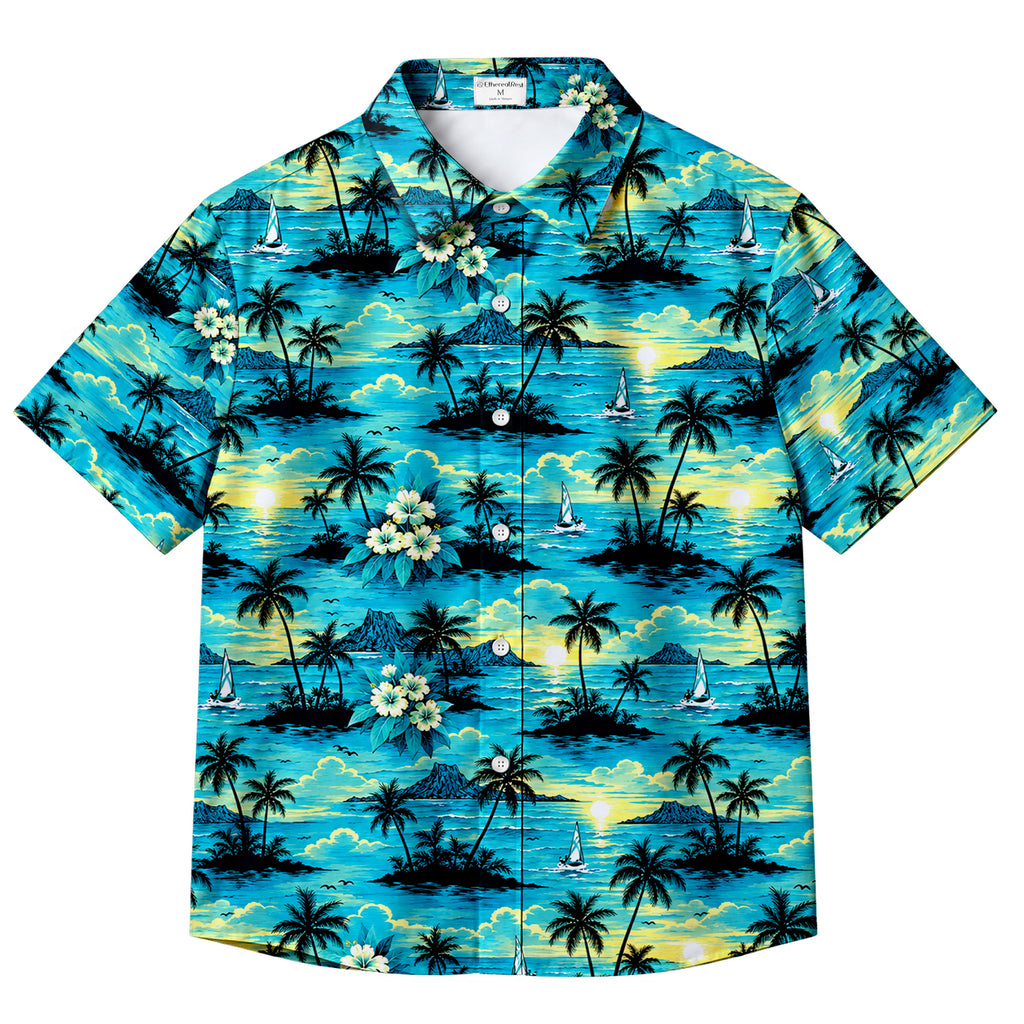 Men’s Blue Tropical Island Sunset Short Sleeve Button-Up Shirt