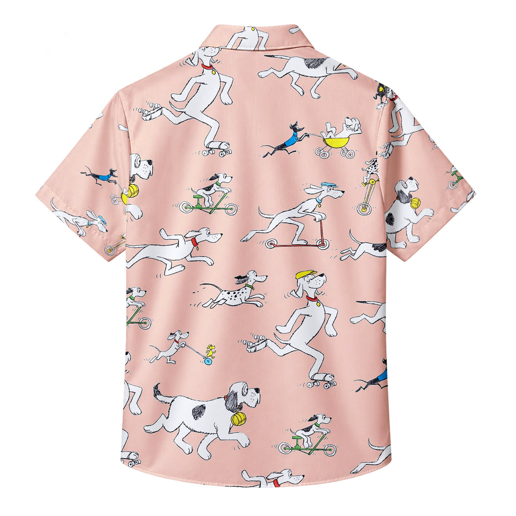 Men’s Pink Cartoon Dog Pattern Short Sleeve Button-Up Shirt