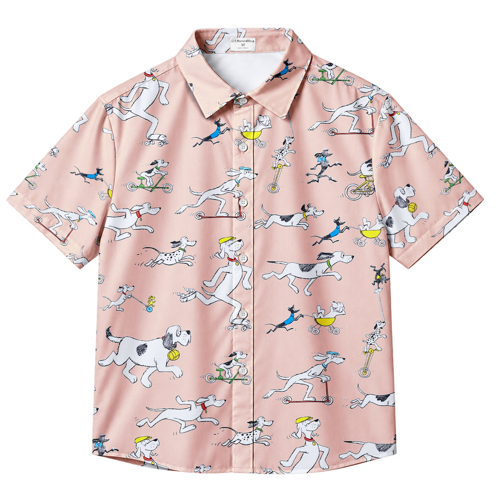 Men’s Pink Cartoon Dog Pattern Short Sleeve Button-Up Shirt