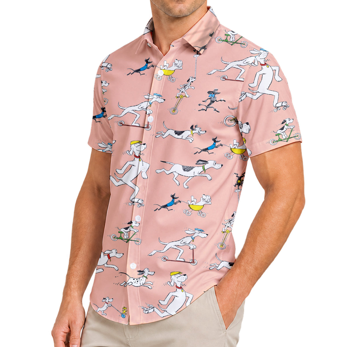 Men’s Pink Cartoon Dog Pattern Short Sleeve Button-Up Shirt