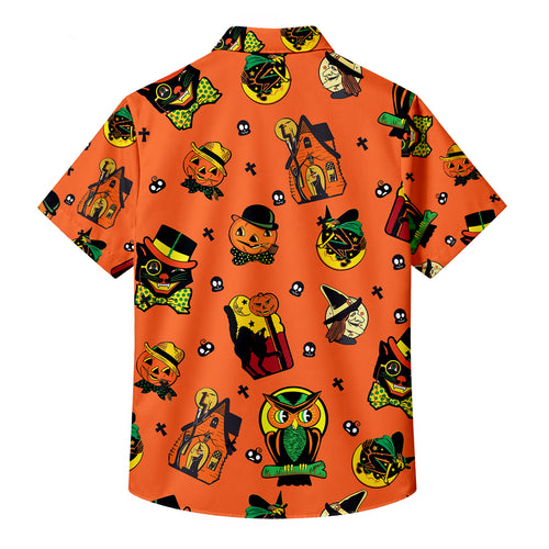 Men’s Orange Vintage Halloween Pattern Short Sleeve Button-Up Shirt