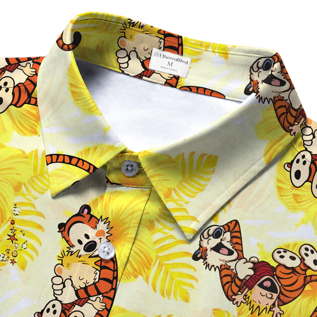 Men’s Calvin and Hobbes Tropical Floral Short Sleeve Button-Up Shirt