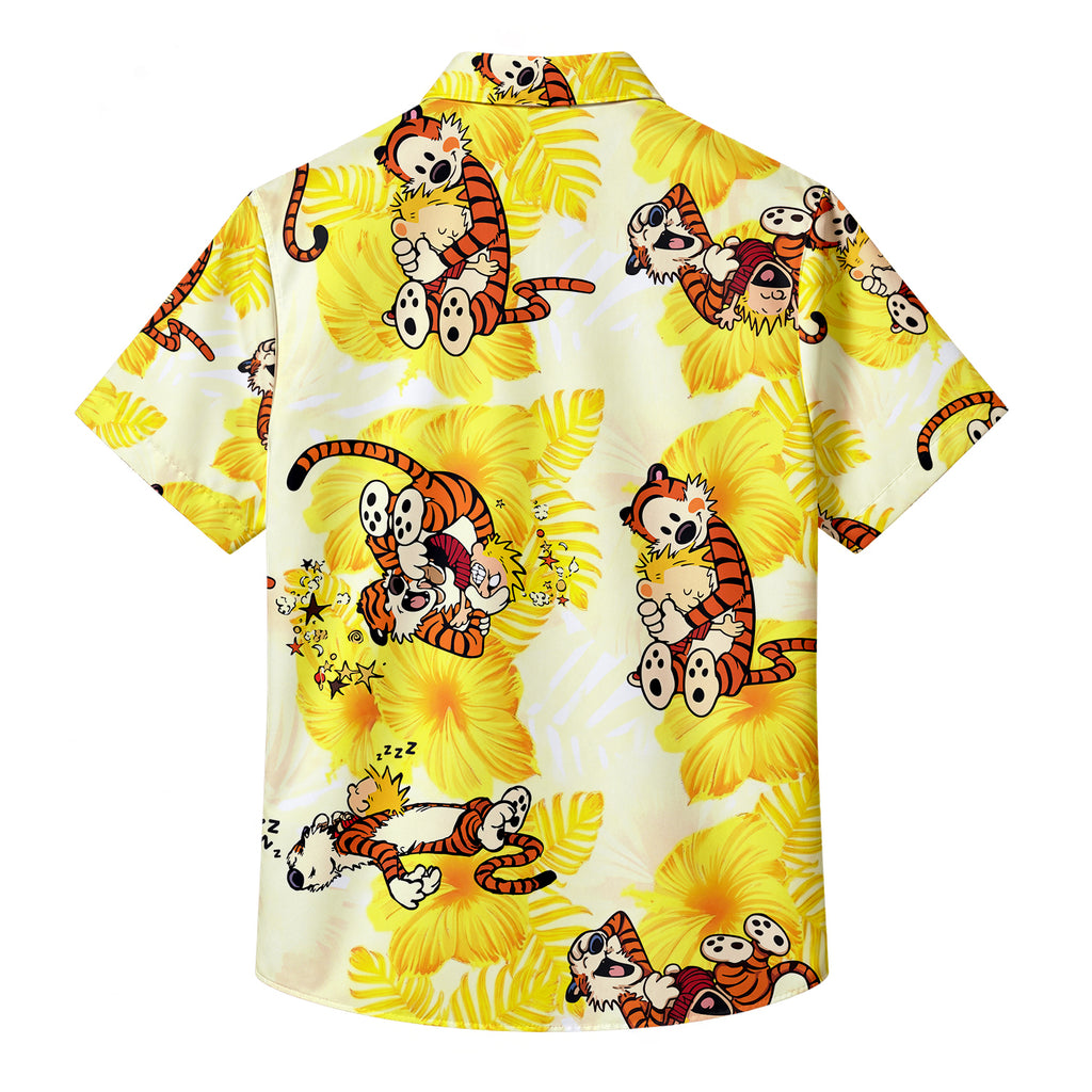 Men’s Calvin and Hobbes Tropical Floral Short Sleeve Button-Up Shirt
