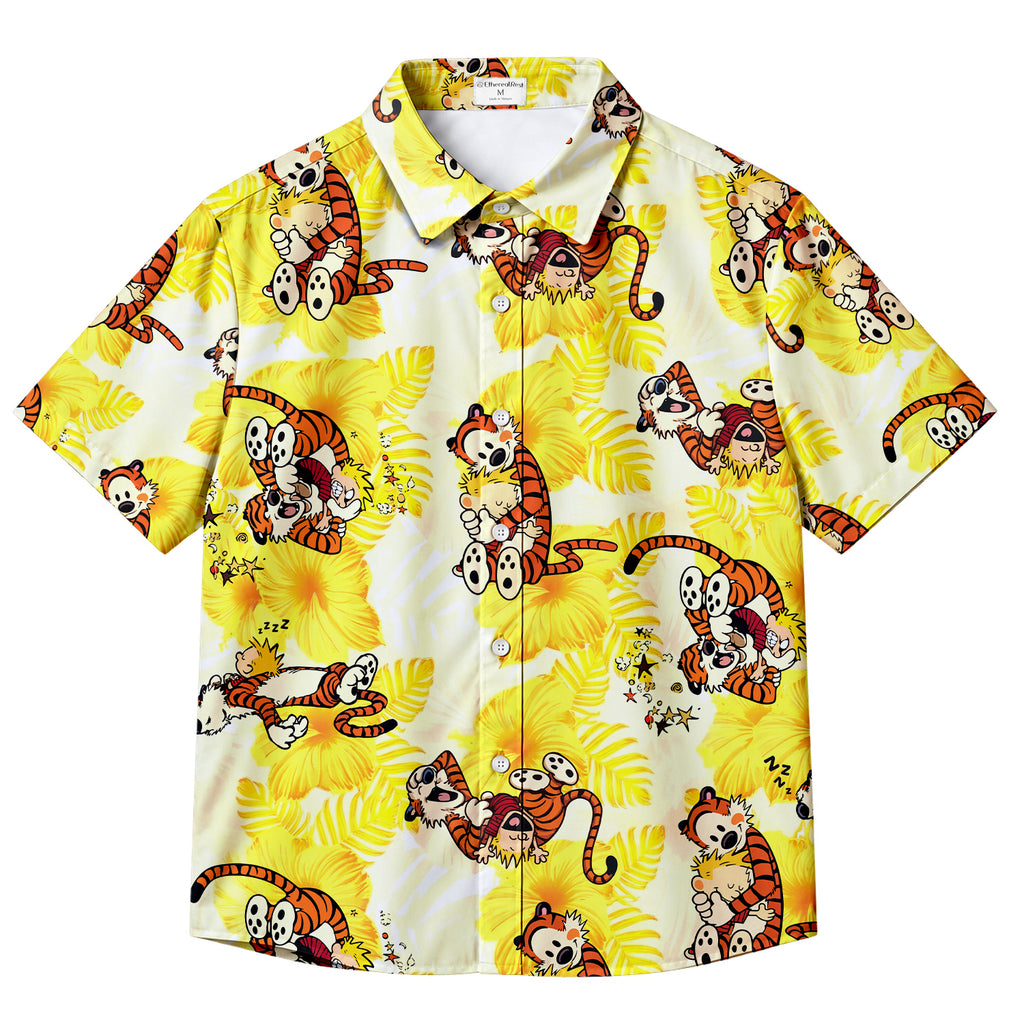 Men’s Calvin and Hobbes Tropical Floral Short Sleeve Button-Up Shirt