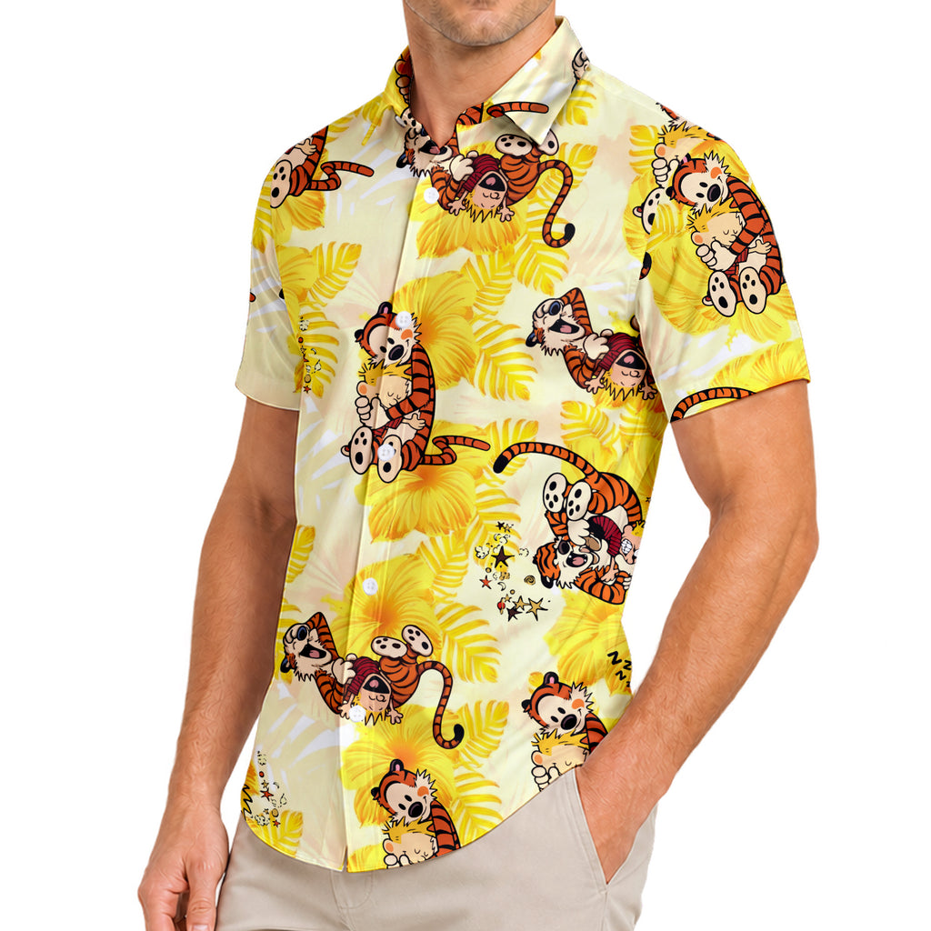Men’s Calvin and Hobbes Tropical Floral Short Sleeve Button-Up Shirt