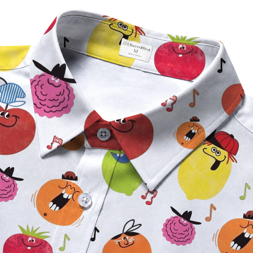 Men’s Cartoon Fruit and Music Notes Short Sleeve Button-Up Shirt