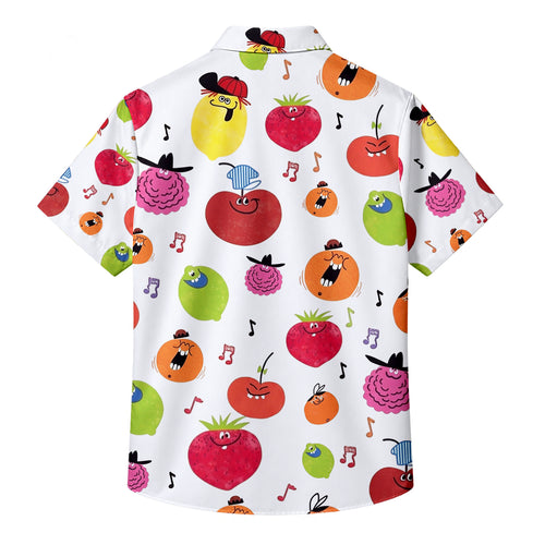 Men’s Cartoon Fruit and Music Notes Short Sleeve Button-Up Shirt