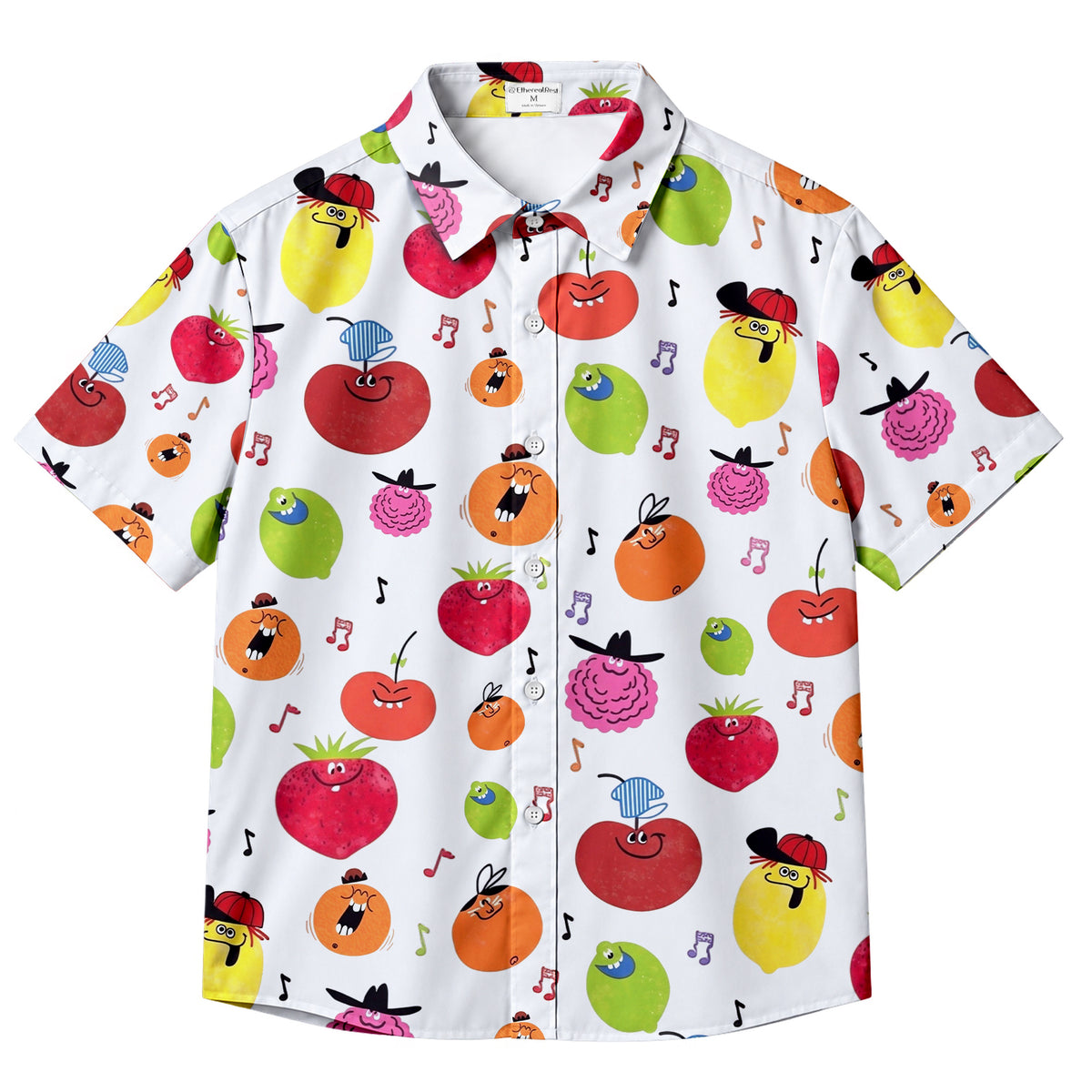 Men’s Cartoon Fruit and Music Notes Short Sleeve Button-Up Shirt