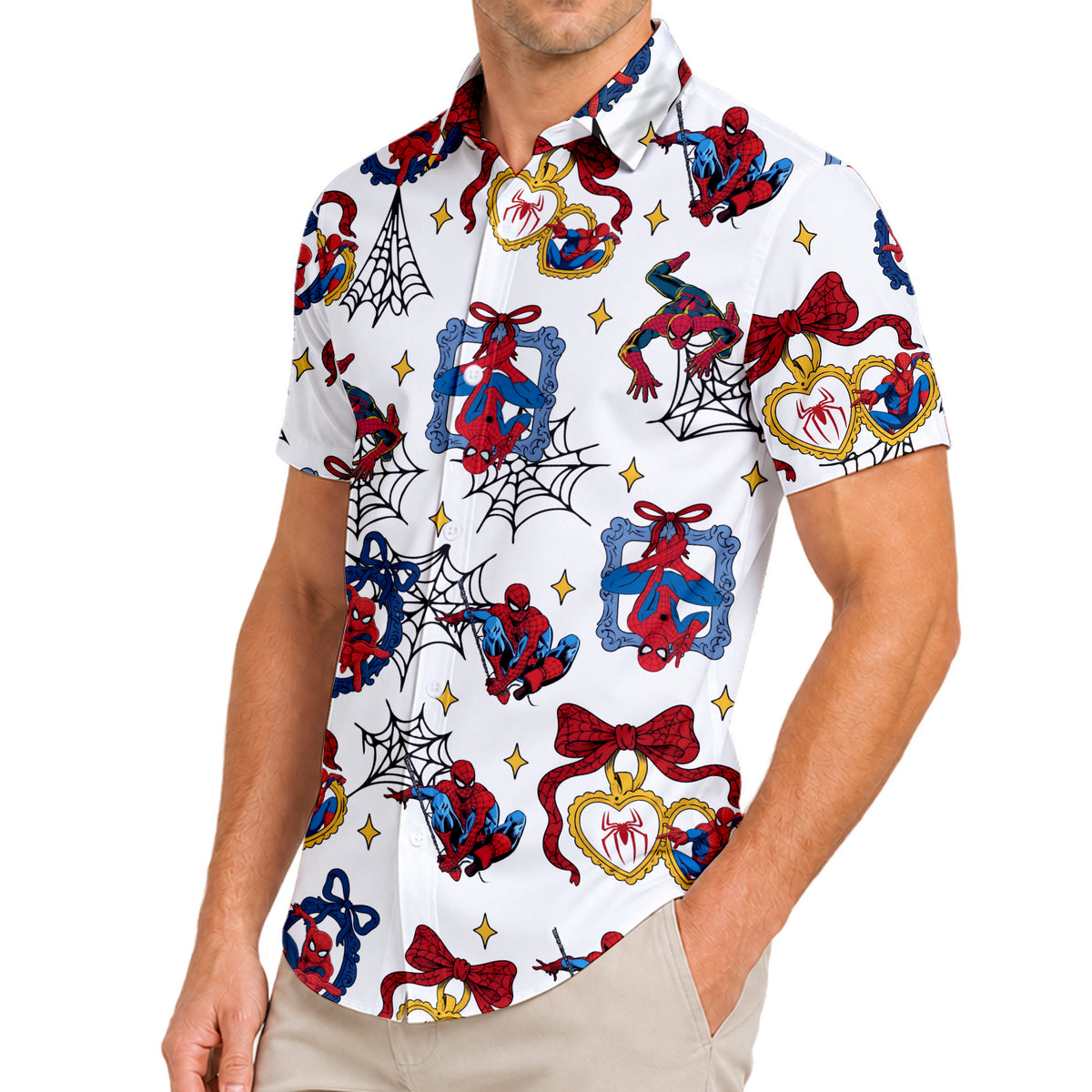 Men’s Spider-Man Web and Bow Pattern Short Sleeve Button-Up Shirt