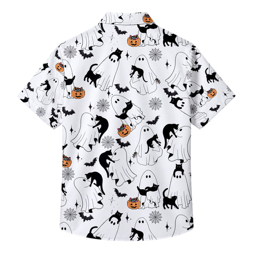 Men’s Halloween Ghost and Black Cat Short Sleeve Button-Up Shirt