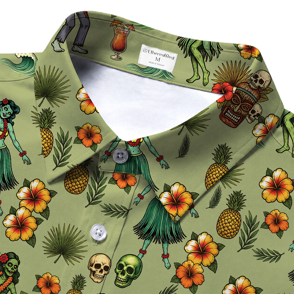 Men’s Zombie Hula and Tiki Pattern Short Sleeve Button-Up Shirt
