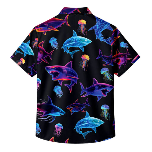 Men’s Neon Shark and Jellyfish Short Sleeve Button-Up Shirt