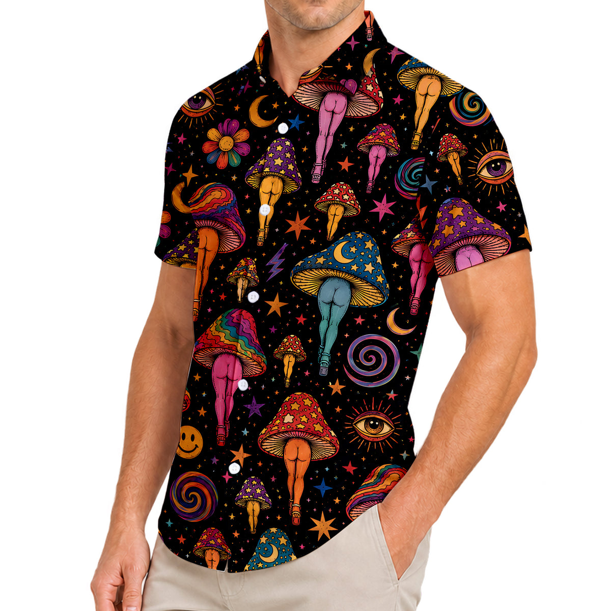 Men’s Psychedelic Mushroom Legs Short Sleeve Button-Up Shirt