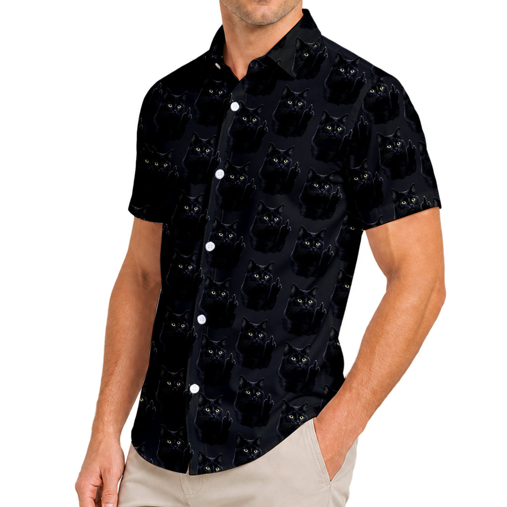 Men’s Black Cat Funny Graphic Short Sleeve Button Up Shirt