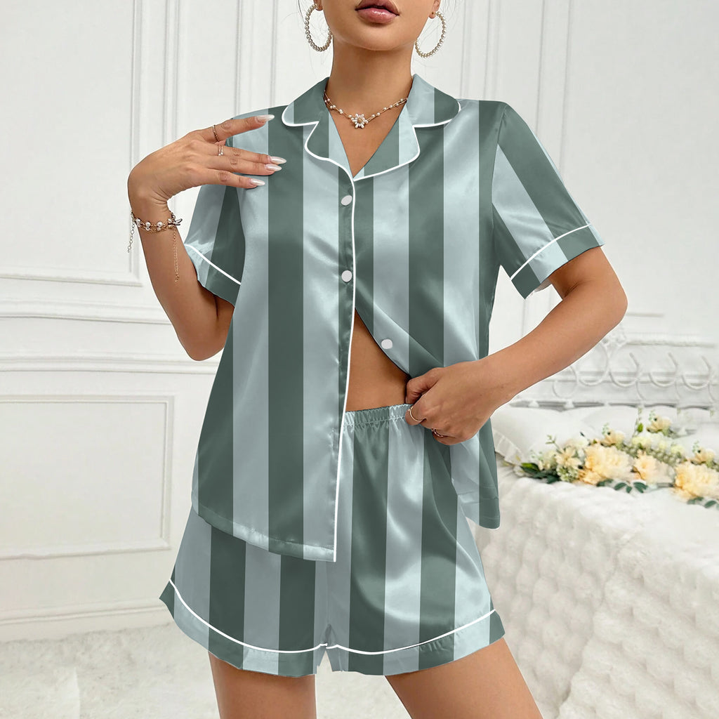 Women’s Green Striped Short Sleeve Pajama Set
