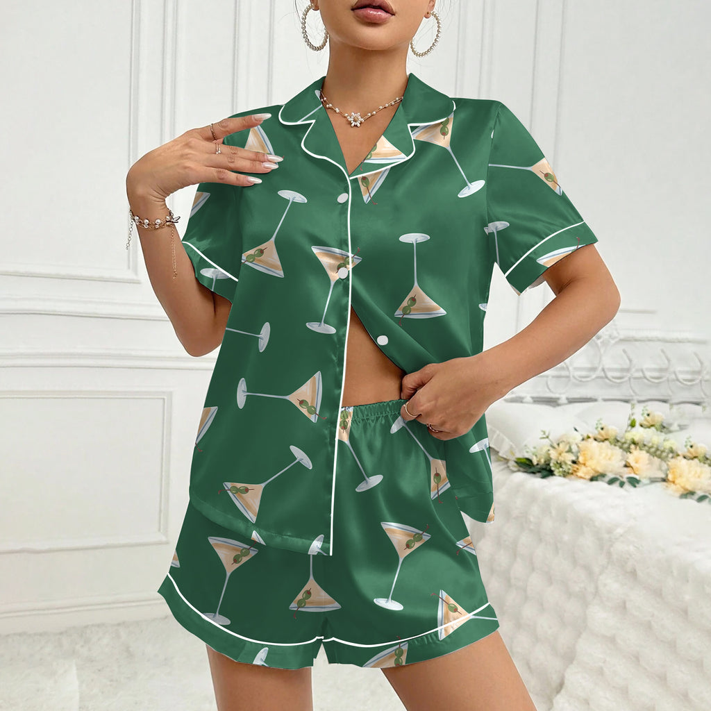 Women’s Green Martini Cocktail Pattern Short Sleeve Pajama Set