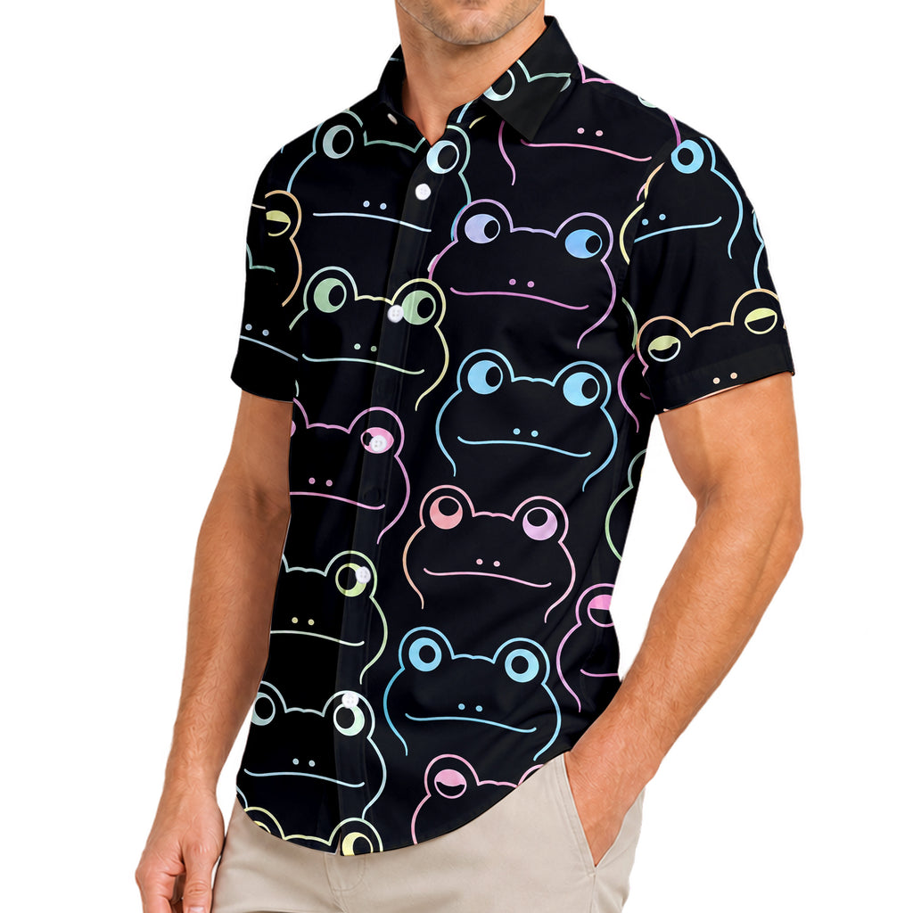 Men’s Black Neon Frog Pattern Short Sleeve Button-Up Shirt
