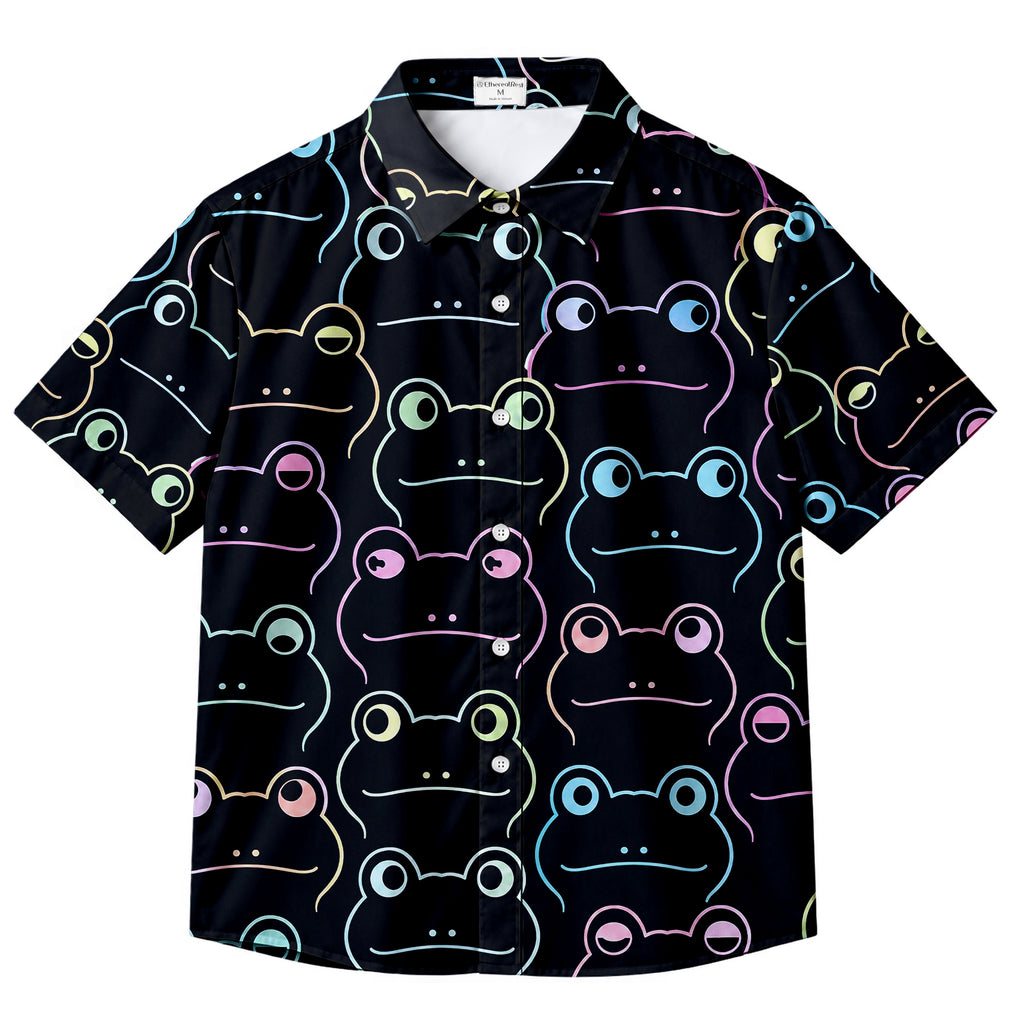 Men’s Black Neon Frog Pattern Short Sleeve Button-Up Shirt